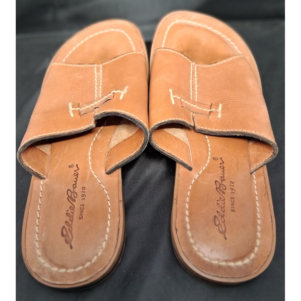 Eddie Bauer Womens Leather Slide Sandals Tan Brown Flat 0774 Size 5.5 M